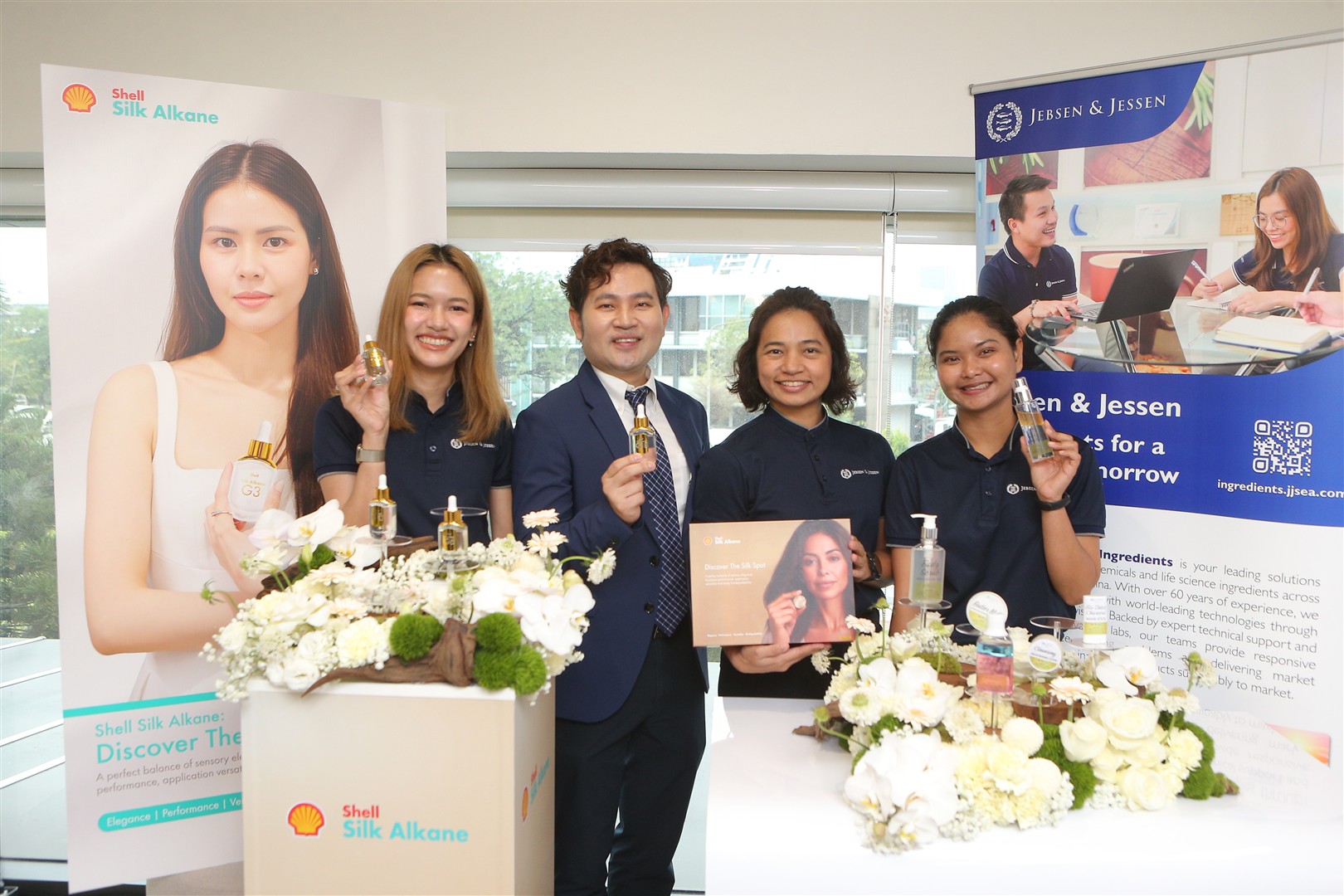 Jebsen & Jessen Ingredients (Thailand) team showcasing 6 personal care formulation prototypes developed using Shell Silk Alkane