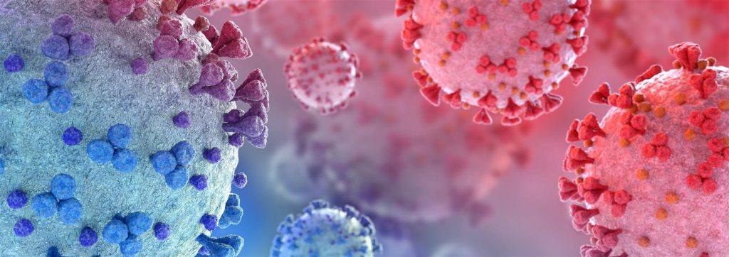 Microscopic close-up of the covid-19 disease. Blue and Red Coronavirus illness spreading in body cell. 2019-nCoV analysis on microscope level 3D rendering